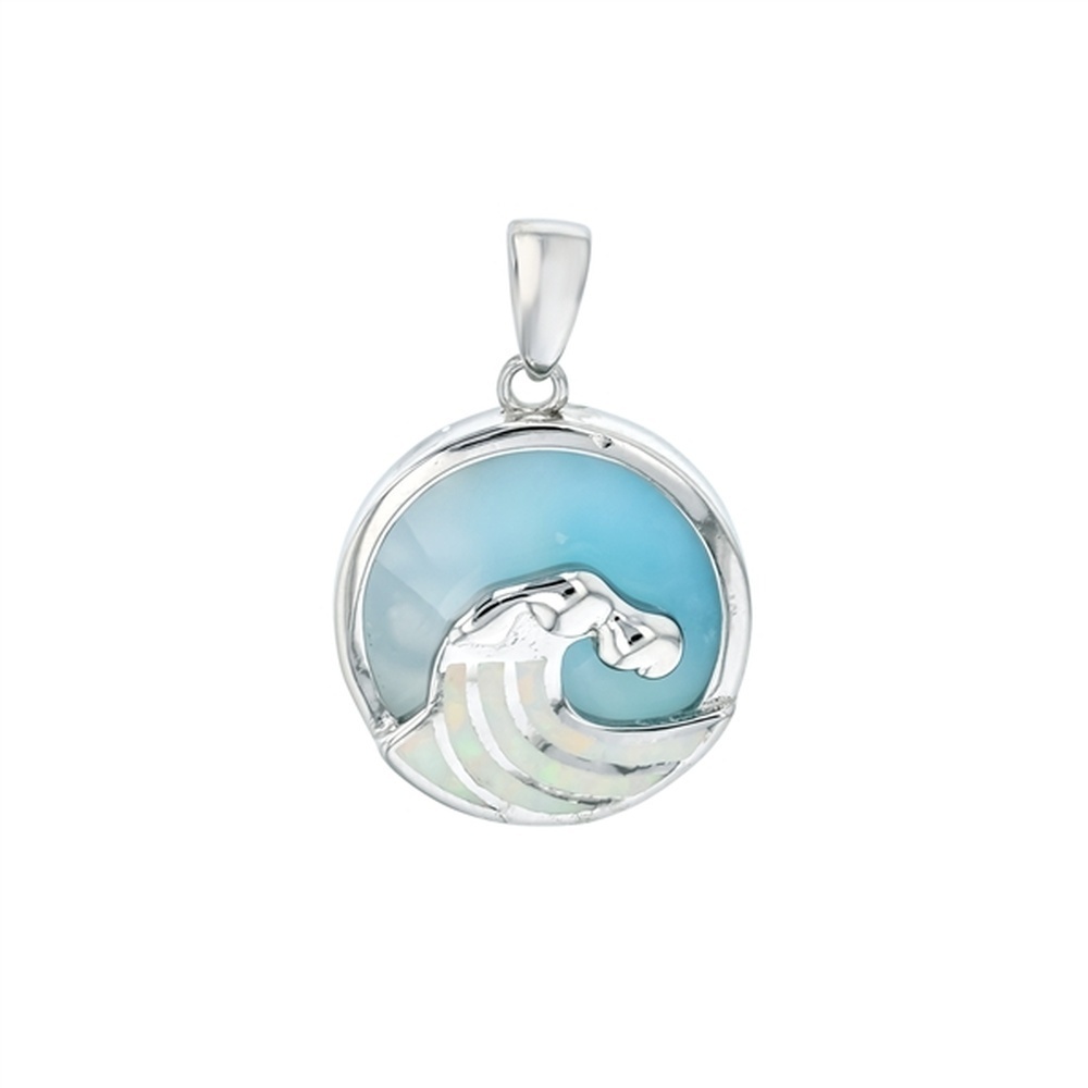 925 Sterling  Silver Larimar White Opal Wave in Circle Pendant  4.58 gm